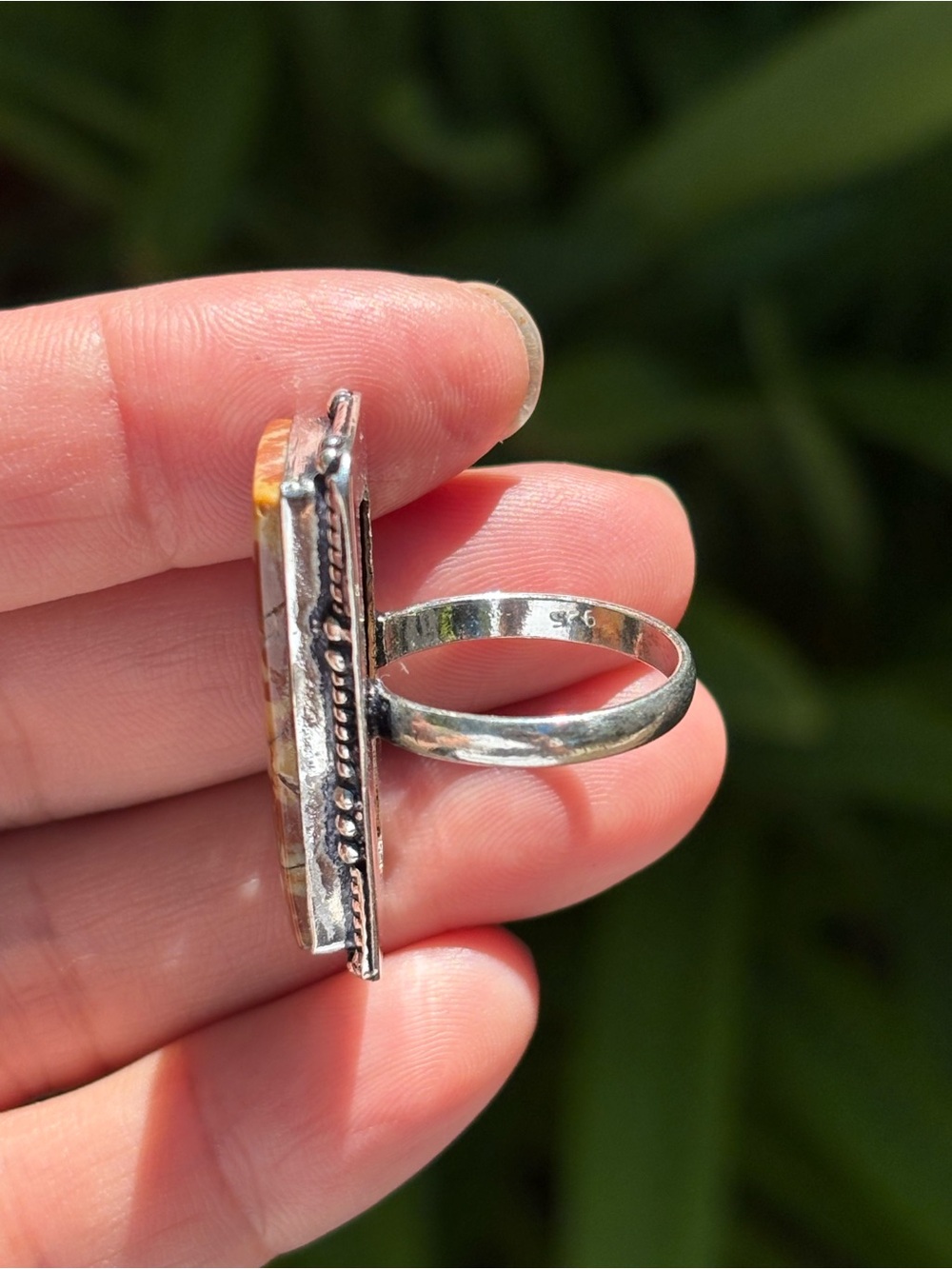 SIZE 7 Handcrafted Orange Bird Eye Jasper Rectangle Silver Ring - Picture 5 of 5